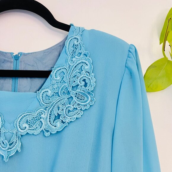 Vintage 70s Lady Colony Parkway Dress | Sky Blue Lace Trim | Made in Canada - Picture 5 of 10